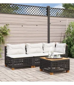 Tuinhoekbank met kussens poly rattan zwart