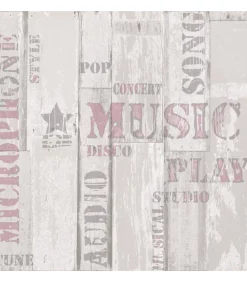 Urban Friends & Coffee Behang houten planken en woorden beige en roze