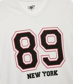 Wit Herenshirt Korte Mouwen V-hals Bedrukt