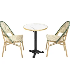 Witte marmeren liggende terrastafel van 60 cm en 2 groene stoelen