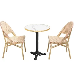 Witte marmeren terrastafel van 60 cm en 2 rode stoelen