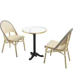 Witte marmeren terrastafel van 60 cm en 2 grijze stoelen