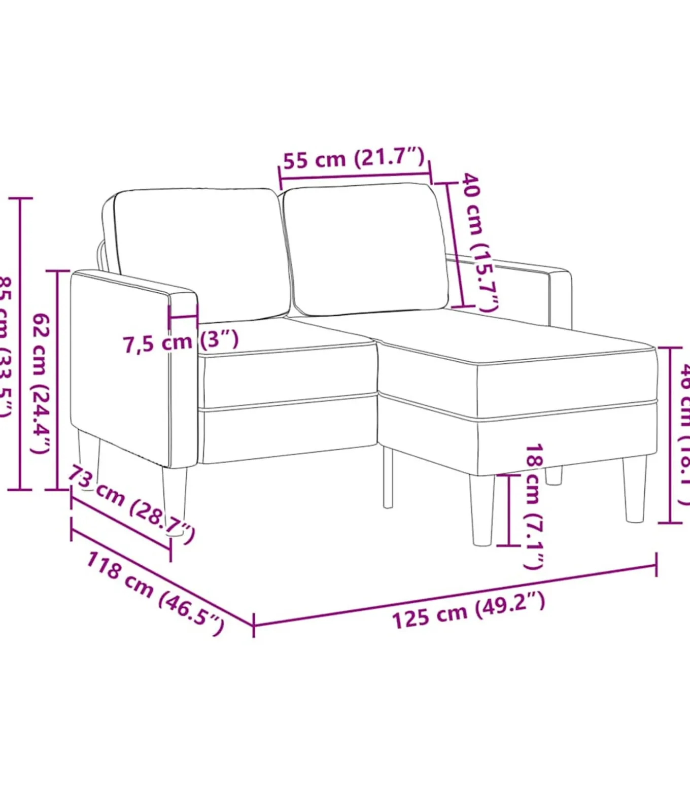 2-zitsbank met ligstoel L-vormig crèmekleurig stof 125 cm