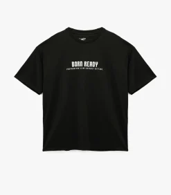 Zwart T-shirt Ronde Hals Korte Mouwen Bedrukt