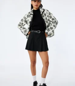 Zwarte Bloemendessin Fleece Jas met Rits