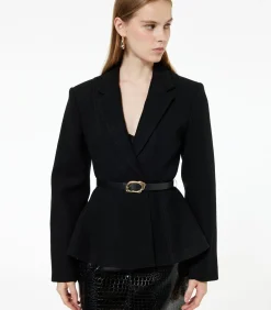 Zwarte Lange Blazer Knoopdetail Ceintuur