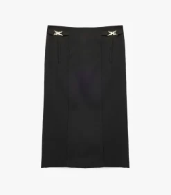 Zwarte Midi Kokerrok Hoog Gesneden met Metalen Details