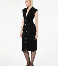 Zwarte Midi-jurk V-hals Knopen Mouwloos